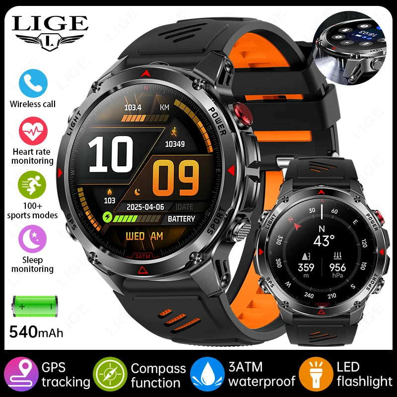 LIGE Rugged GPS Track Smart Watch Men LED Flashlight Compass 3ATM Waterproof Bluetooth Call Sports Cycling Men Smartwatch Hombre