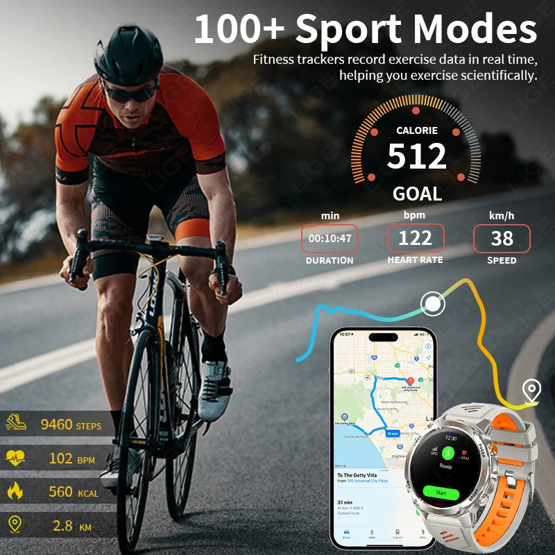 LIGE Rugged GPS Track Smart Watch Men LED Flashlight Compass 3ATM Waterproof Bluetooth Call Sports Cycling Men Smartwatch Hombre