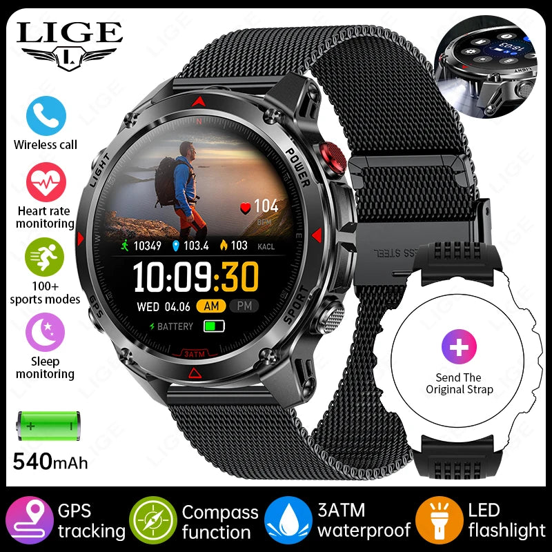 LIGE Rugged GPS Track Smart Watch Men LED Flashlight Compass 3ATM Waterproof Bluetooth Call Sports Cycling Men Smartwatch Hombre