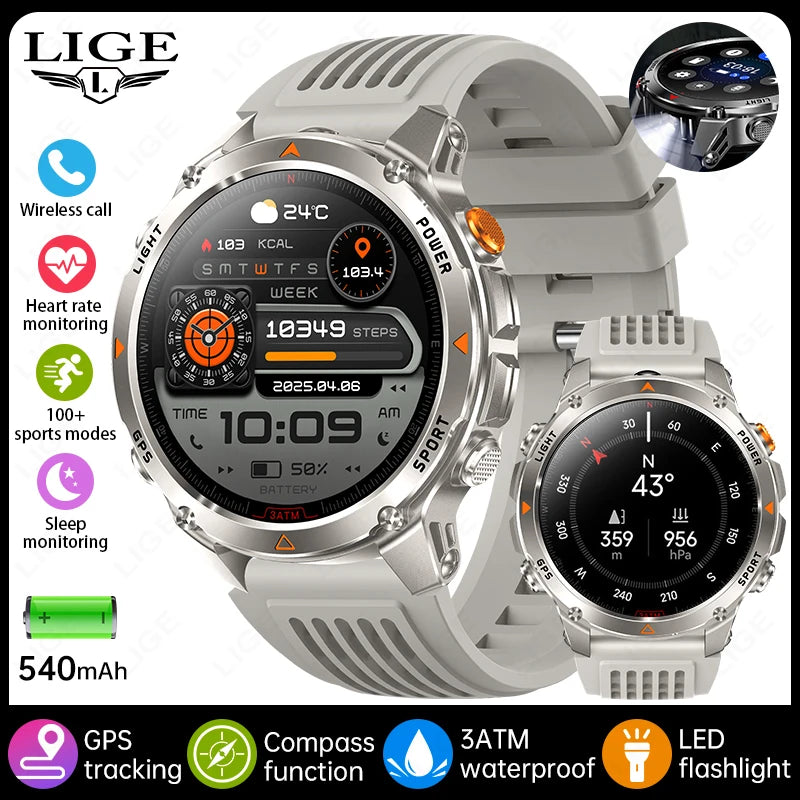 LIGE Rugged GPS Track Smart Watch Men LED Flashlight Compass 3ATM Waterproof Bluetooth Call Sports Cycling Men Smartwatch Hombre