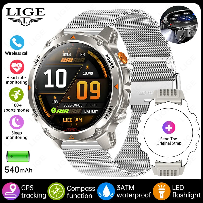 LIGE Rugged GPS Track Smart Watch Men LED Flashlight Compass 3ATM Waterproof Bluetooth Call Sports Cycling Men Smartwatch Hombre
