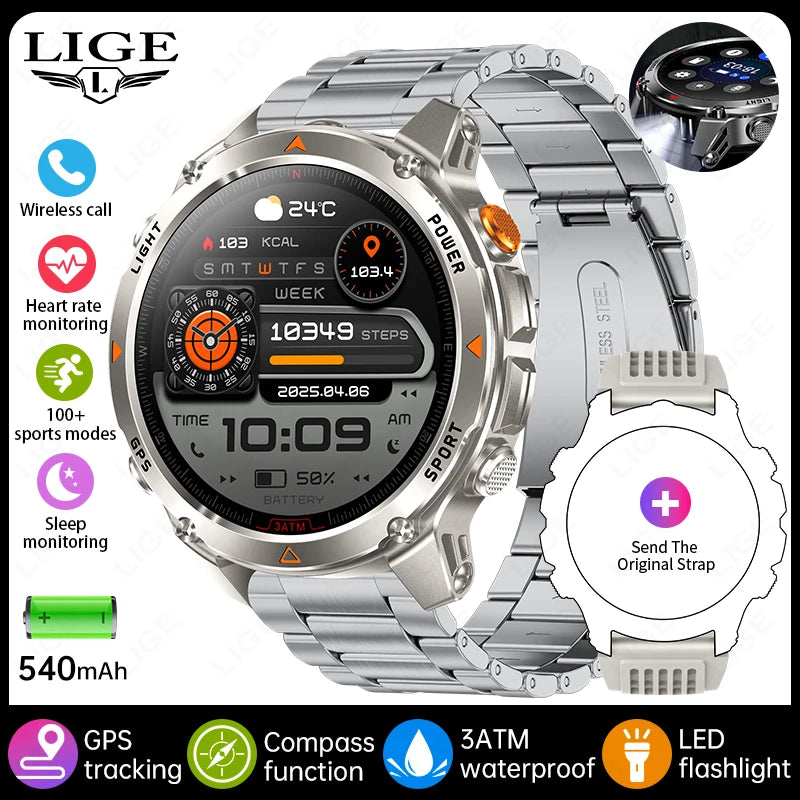 LIGE Rugged GPS Track Smart Watch Men LED Flashlight Compass 3ATM Waterproof Bluetooth Call Sports Cycling Men Smartwatch Hombre
