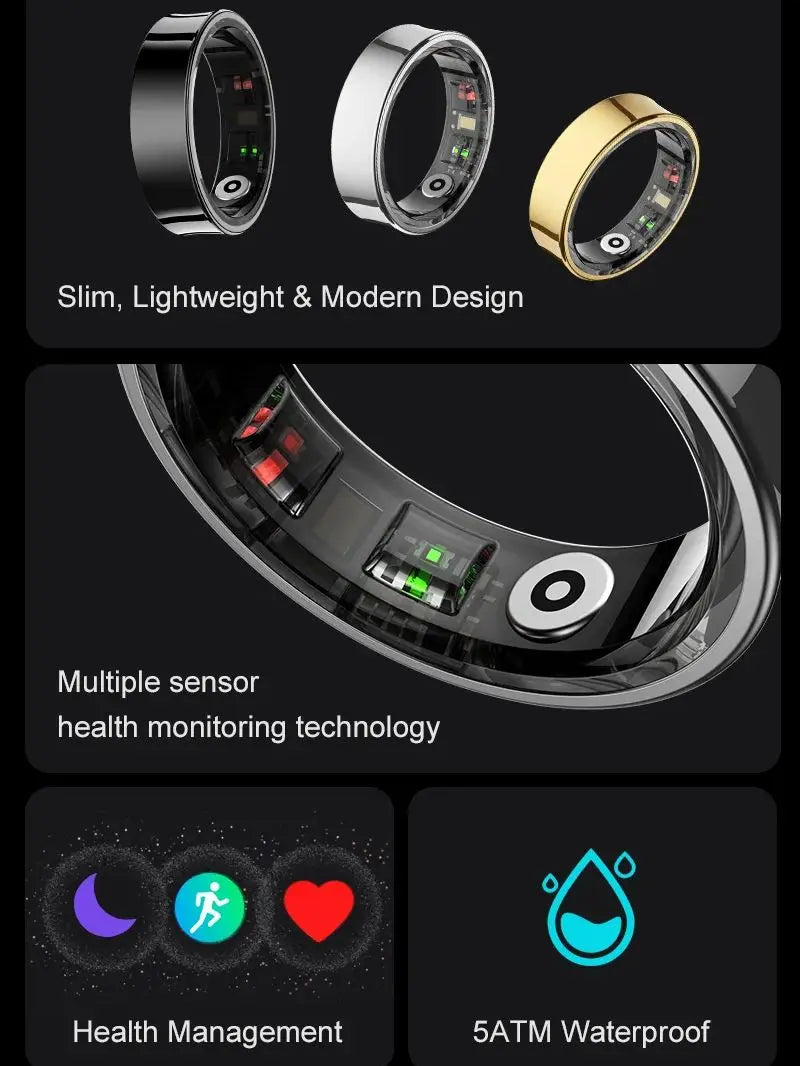 R09 Health Monitor Multi Sport Mode Skin Temperature Measurement 5ATM Waterproof Smart Ring With Charging Case