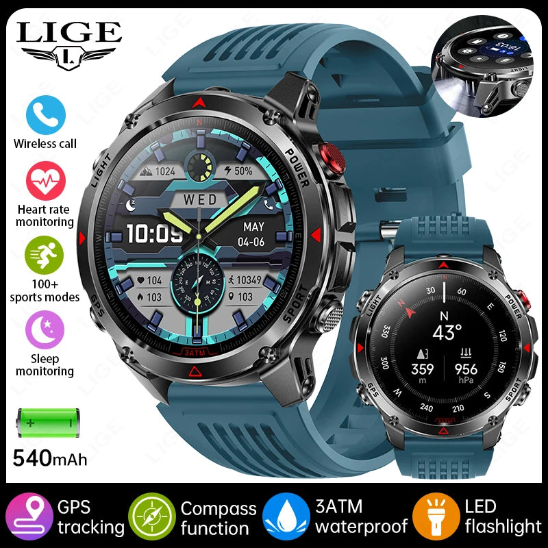LIGE Rugged GPS Track Smart Watch Men LED Flashlight Compass 3ATM Waterproof Bluetooth Call Sports Cycling Men Smartwatch Hombre