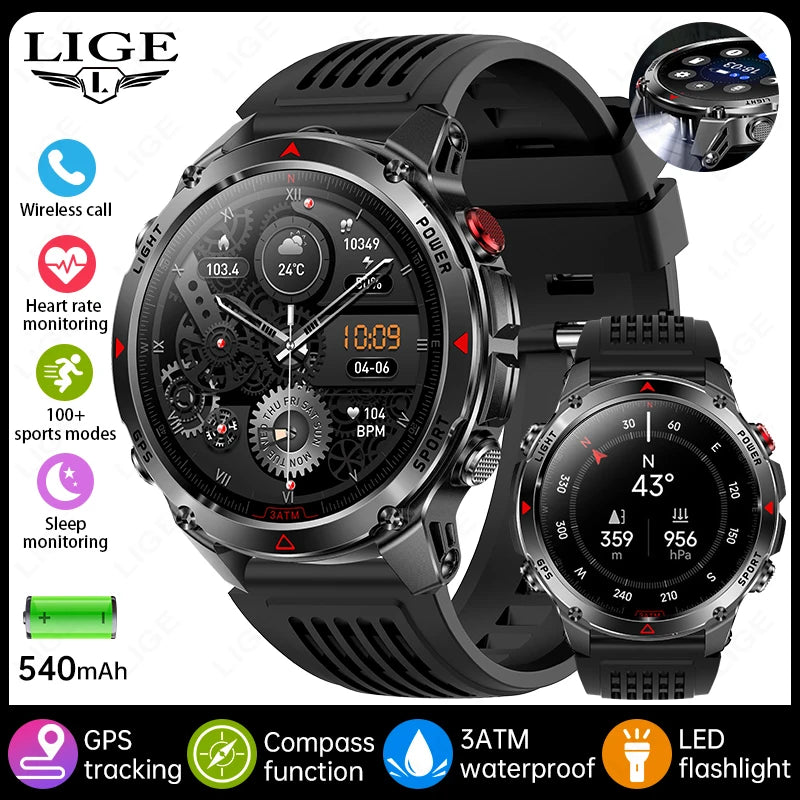 LIGE Rugged GPS Track Smart Watch Men LED Flashlight Compass 3ATM Waterproof Bluetooth Call Sports Cycling Men Smartwatch Hombre
