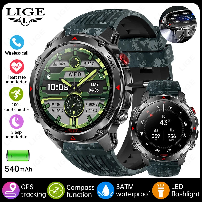LIGE Rugged GPS Track Smart Watch Men LED Flashlight Compass 3ATM Waterproof Bluetooth Call Sports Cycling Men Smartwatch Hombre