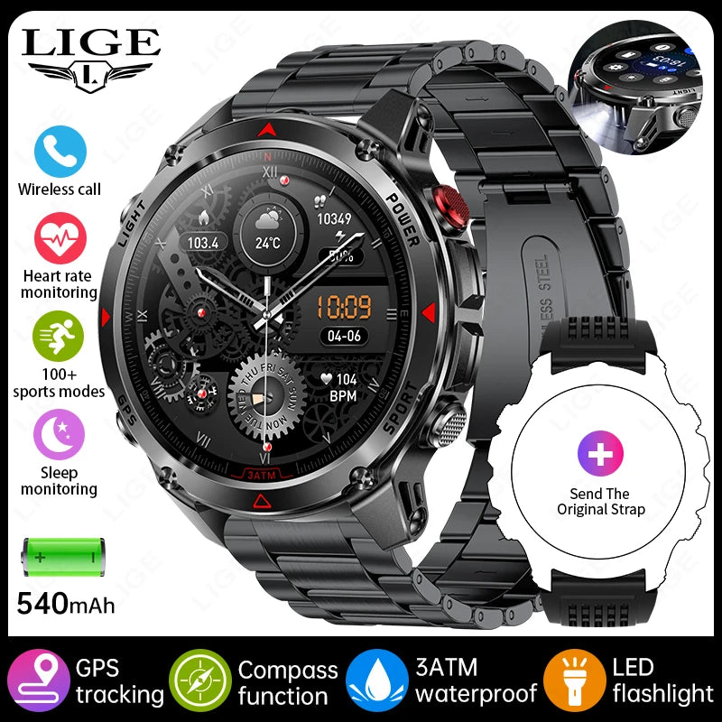 LIGE Rugged GPS Track Smart Watch Men LED Flashlight Compass 3ATM Waterproof Bluetooth Call Sports Cycling Men Smartwatch Hombre