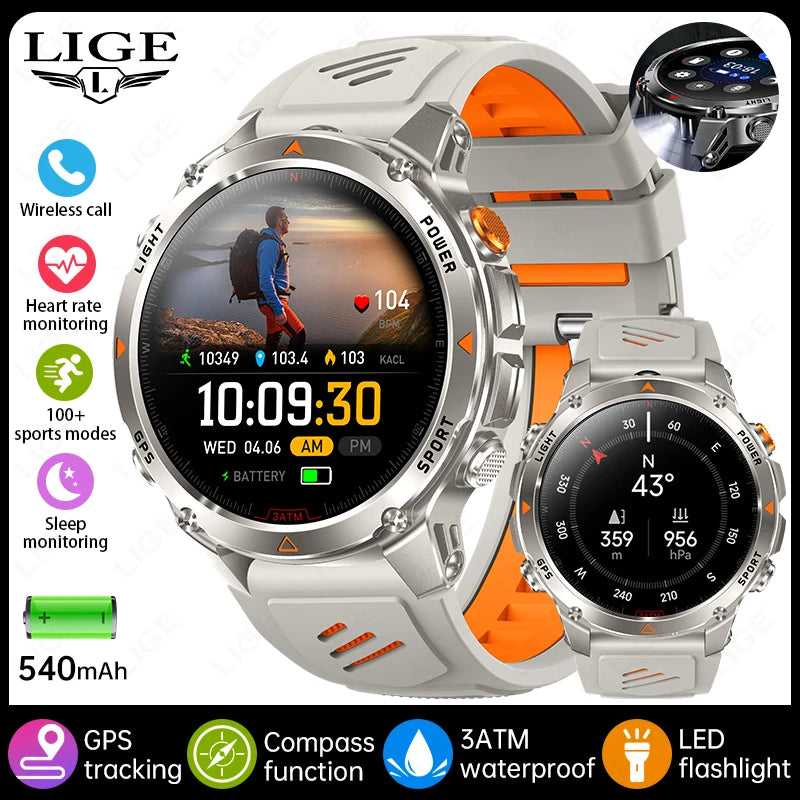 LIGE Rugged GPS Track Smart Watch Men LED Flashlight Compass 3ATM Waterproof Bluetooth Call Sports Cycling Men Smartwatch Hombre