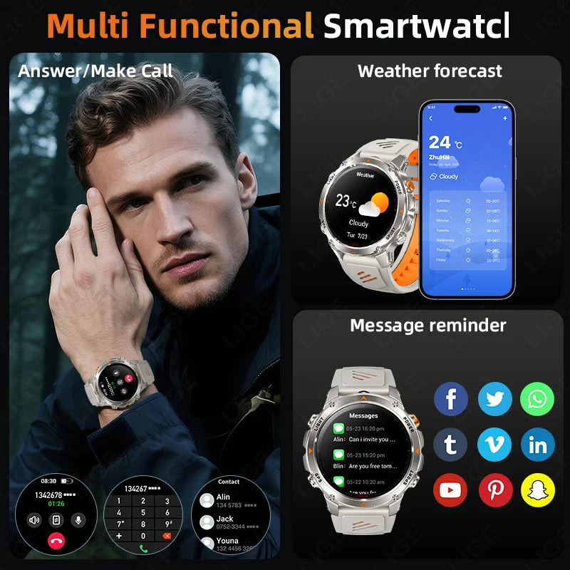 LIGE Rugged GPS Track Smart Watch Men LED Flashlight Compass 3ATM Waterproof Bluetooth Call Sports Cycling Men Smartwatch Hombre