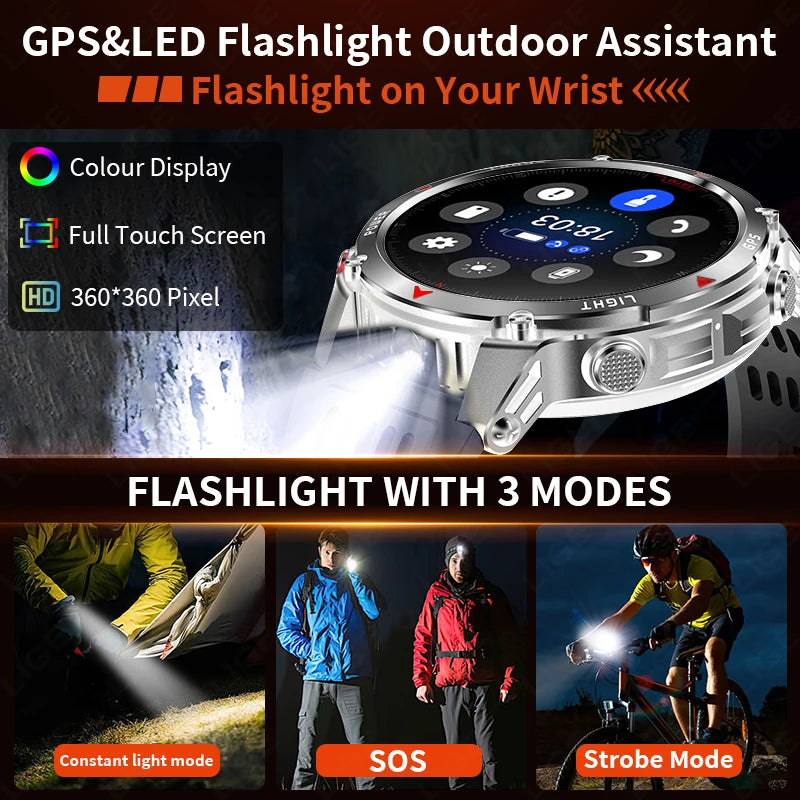 LIGE Rugged GPS Track Smart Watch Men LED Flashlight Compass 3ATM Waterproof Bluetooth Call Sports Cycling Men Smartwatch Hombre